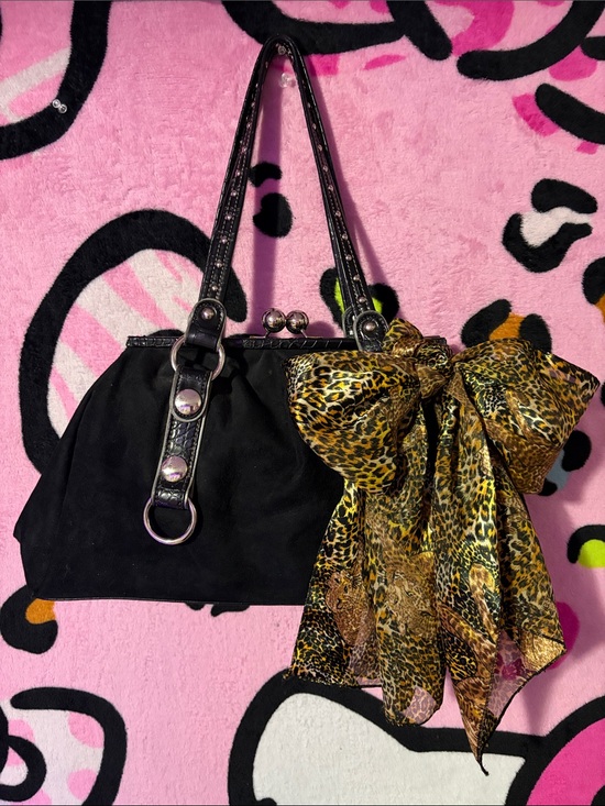 Kathy Van Zeeland Handbags - Kathy Van Zeeland Black Shoulder Bag with Leopard-Print Bow Accent